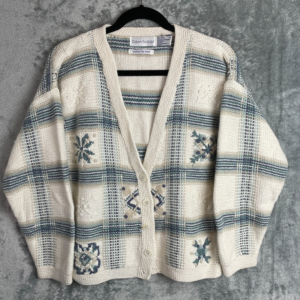 VTG Robert Scott Cardigan Small Cream Grandmacore Chunky Granny Sweater‎ Cottage